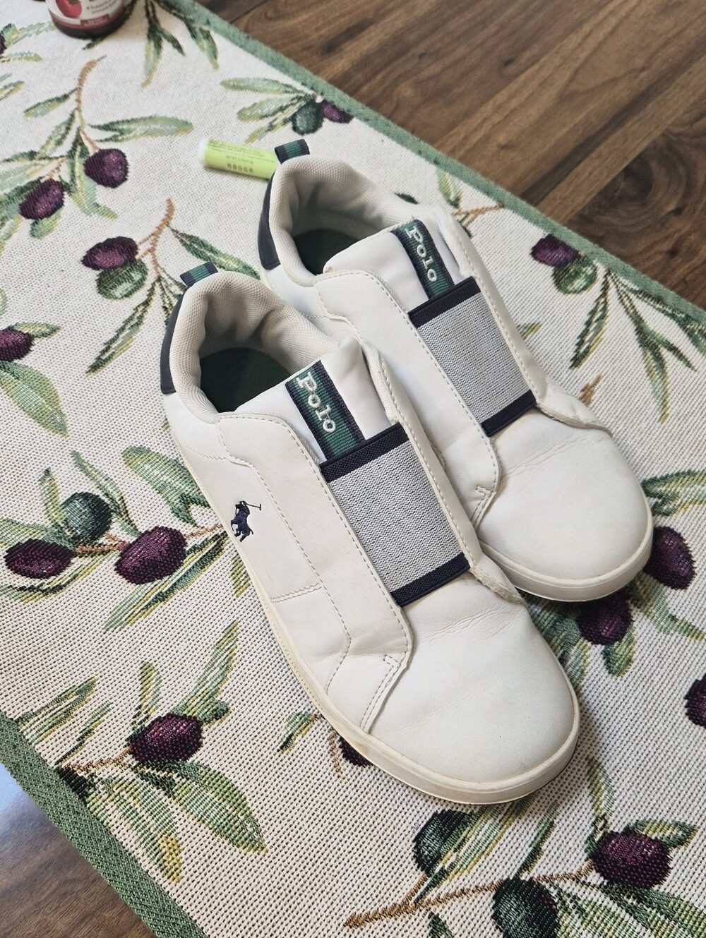 Polo by Ralph Lauren White Kids Slip-On Sneakers with Navy & Green Trim